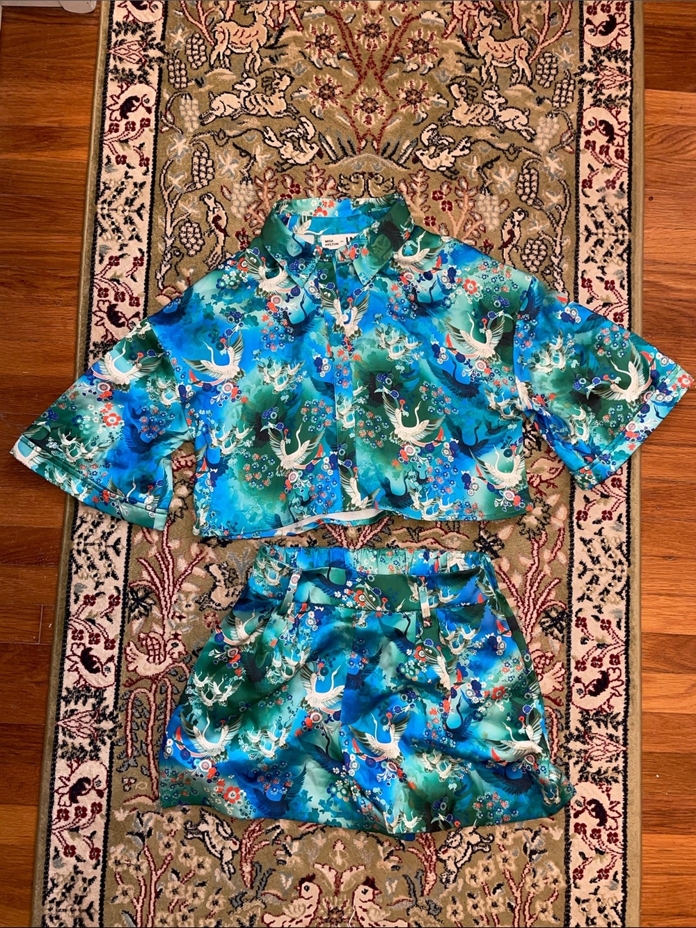INC International Concepts Teal & Turquoise Crane Print Shirt